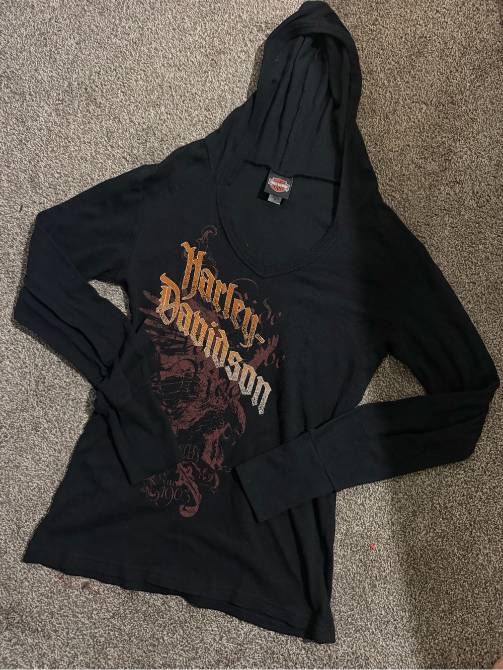 Harley-Davidson Black Hooded Long Sleeve Graphic Top with Gold-Brown Logo